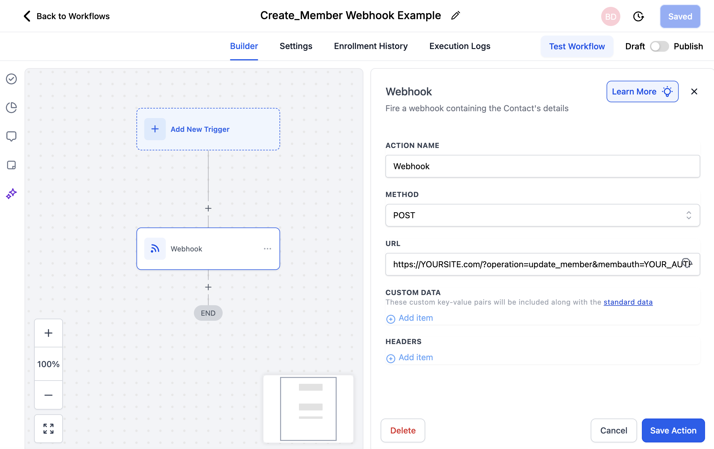 Adding the webhook action to a HighLevel automation