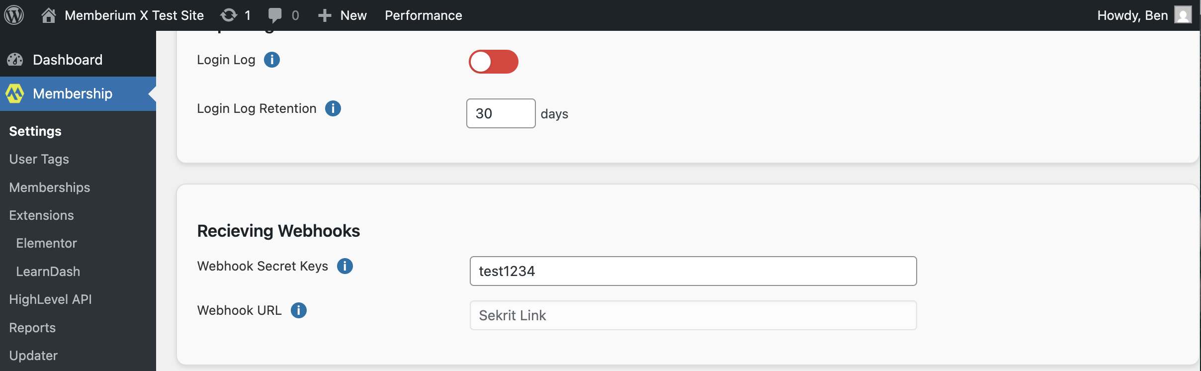 The webhook settings screen showing the Create Member webhook URL