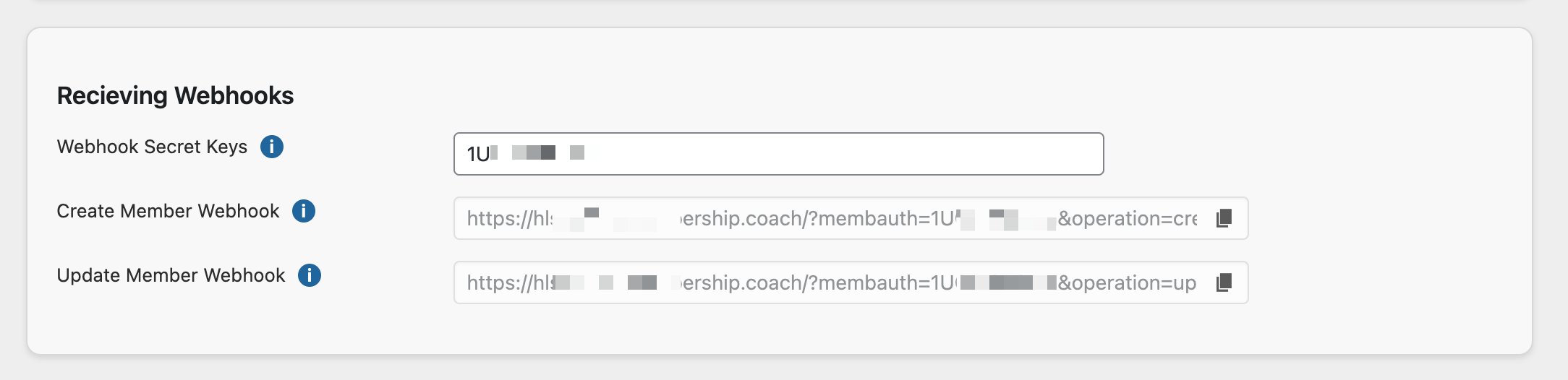 The webhook settings screen showing the Update Member webhook URL