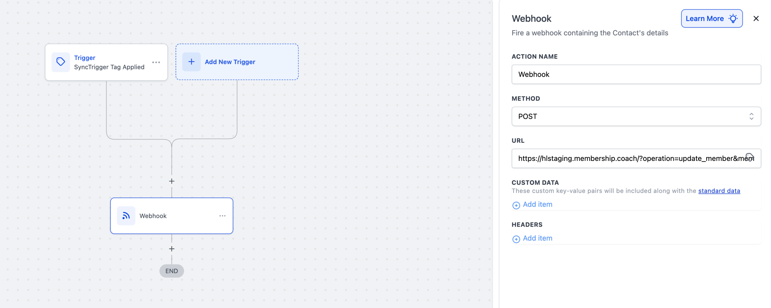 The webhook action configured as POST with the update member URL