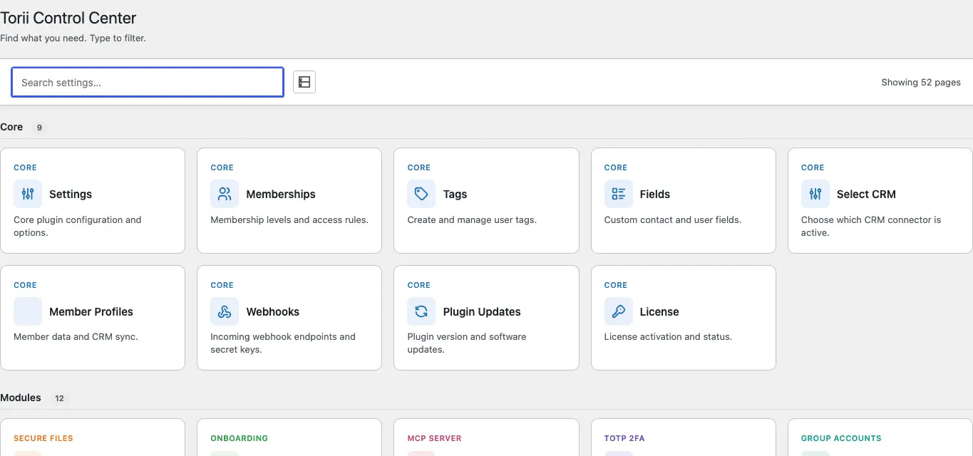 The Torii Control Center: a search field above a grid of categorized cards