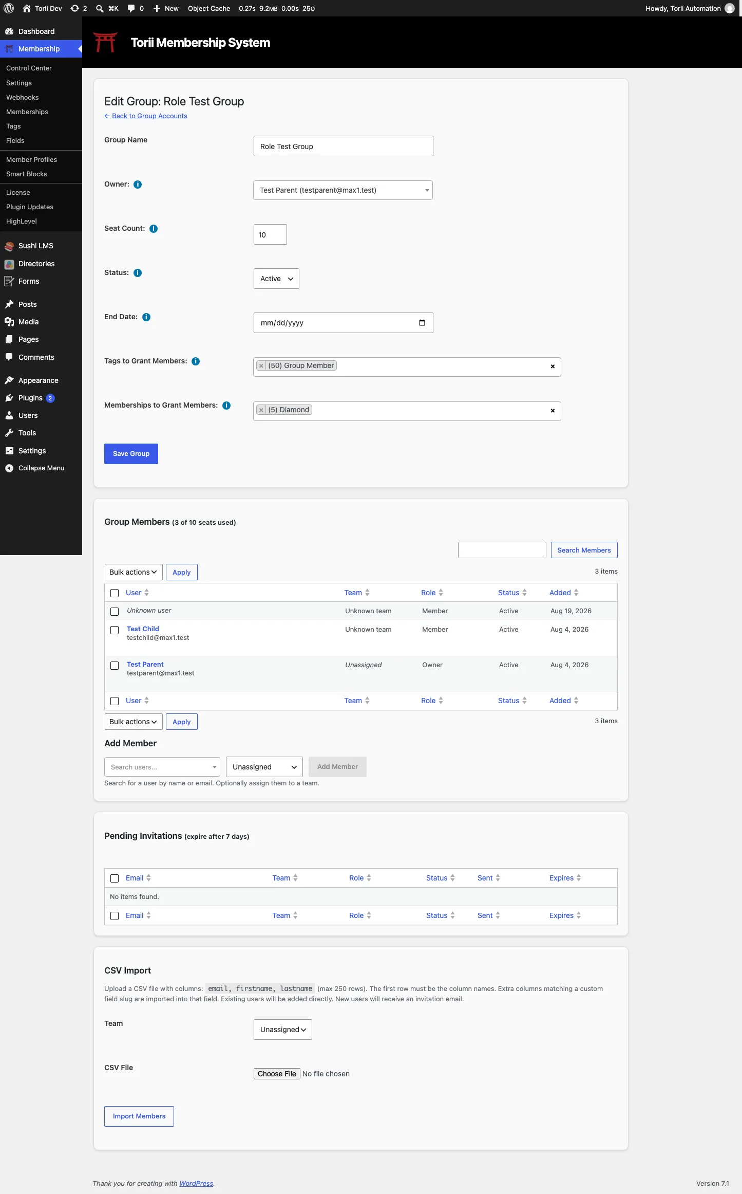 The group edit screen: fields for name, owner, seat count, access tags, status, and end date, with teams and members listed below