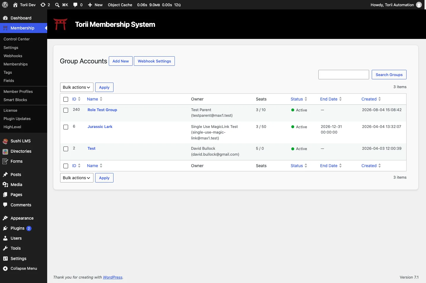 The Group Accounts admin screen: a table of groups with name, owner, seats, status, and end date columns