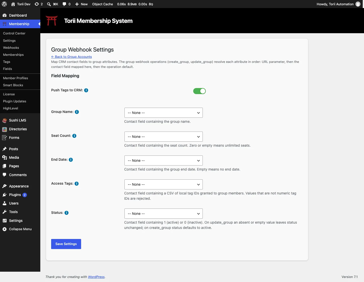 The Group Webhook Settings screen: attribute fields for name, seats, end date, access tags, and status, each mapped to a CRM contact field