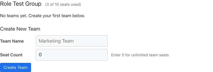 The owner dashboard: the group name with a seat counter reading 3 of 10 seats used, a members list, and a Create New Team form