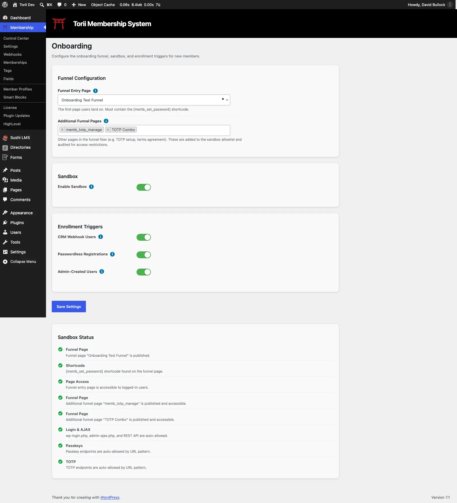 The Onboarding settings screen: funnel page picker, live status checklist, enrollment switches, and sandbox toggle