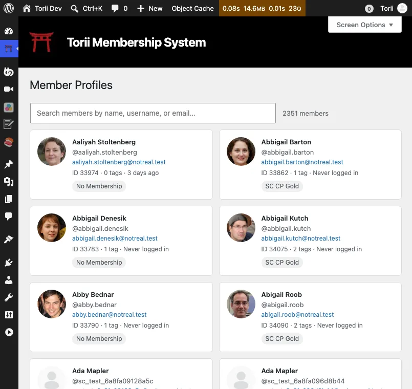 The member picker: a search field above a grid of member cards, each with avatar, name, username, email, ID, tags, last login, and a membership chip