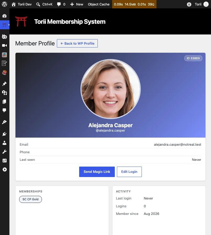 Top of the Member Profile admin screen: identity card with avatar and contact details, status tiles for memberships, activity, security, and links, and the CRM strip