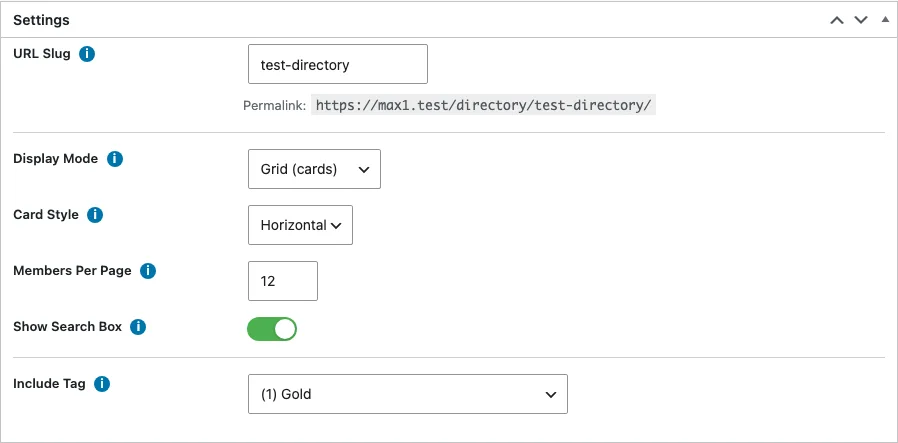 The Directory Settings metabox on a directory: display mode, card style, and items per page fields