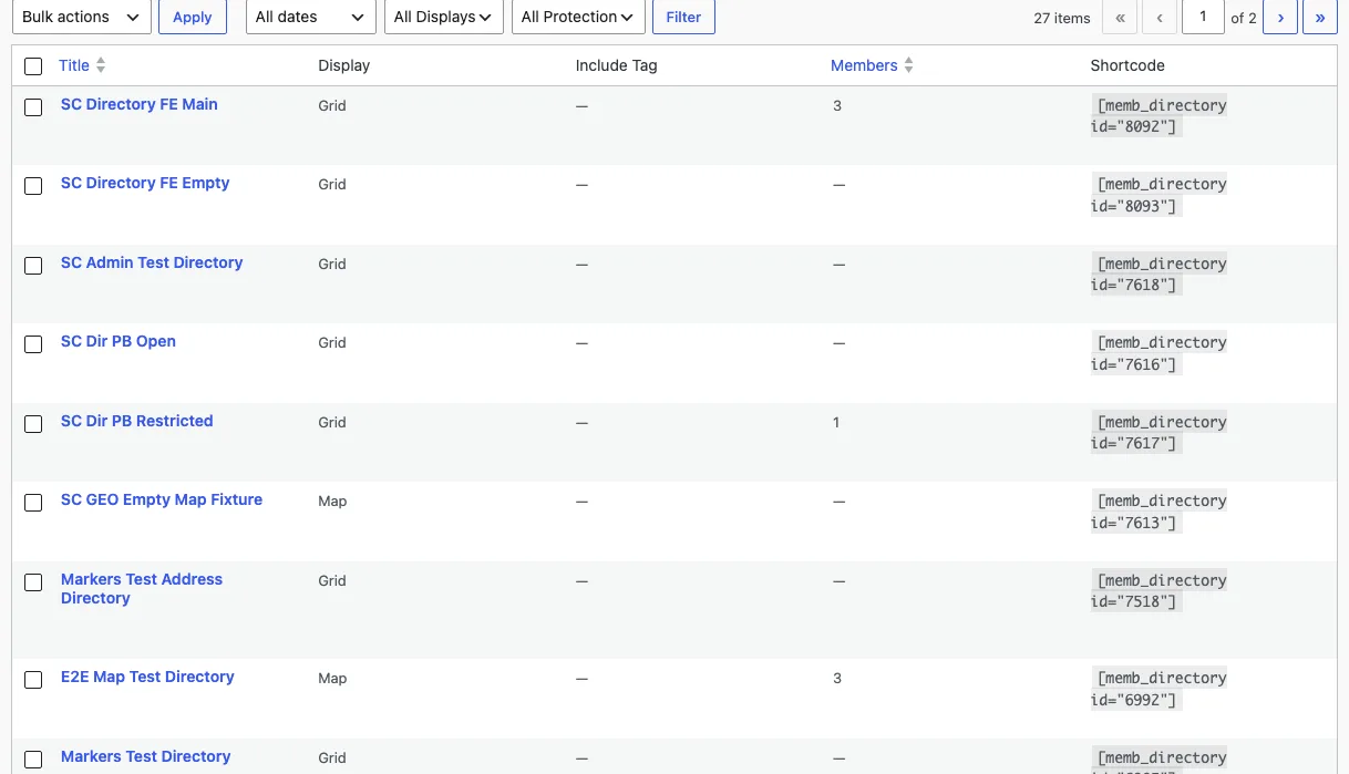 The Directories admin list: a table of directories with filter dropdowns for display mode and public or protected status
