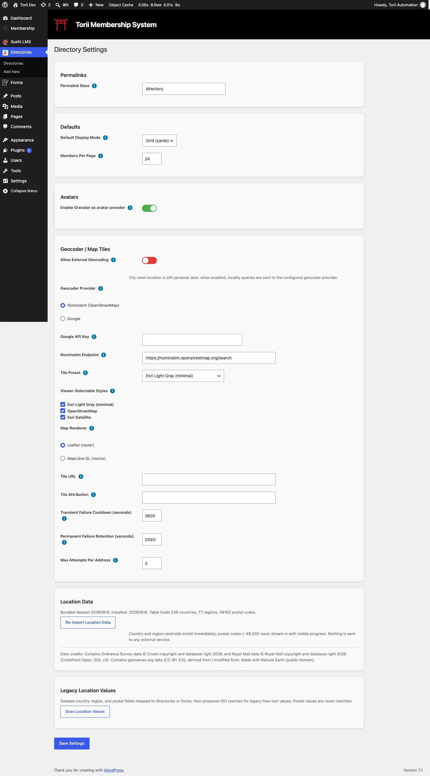 The Directory Settings screen: geocode provider, API key, external geocoding toggle, and map tile options