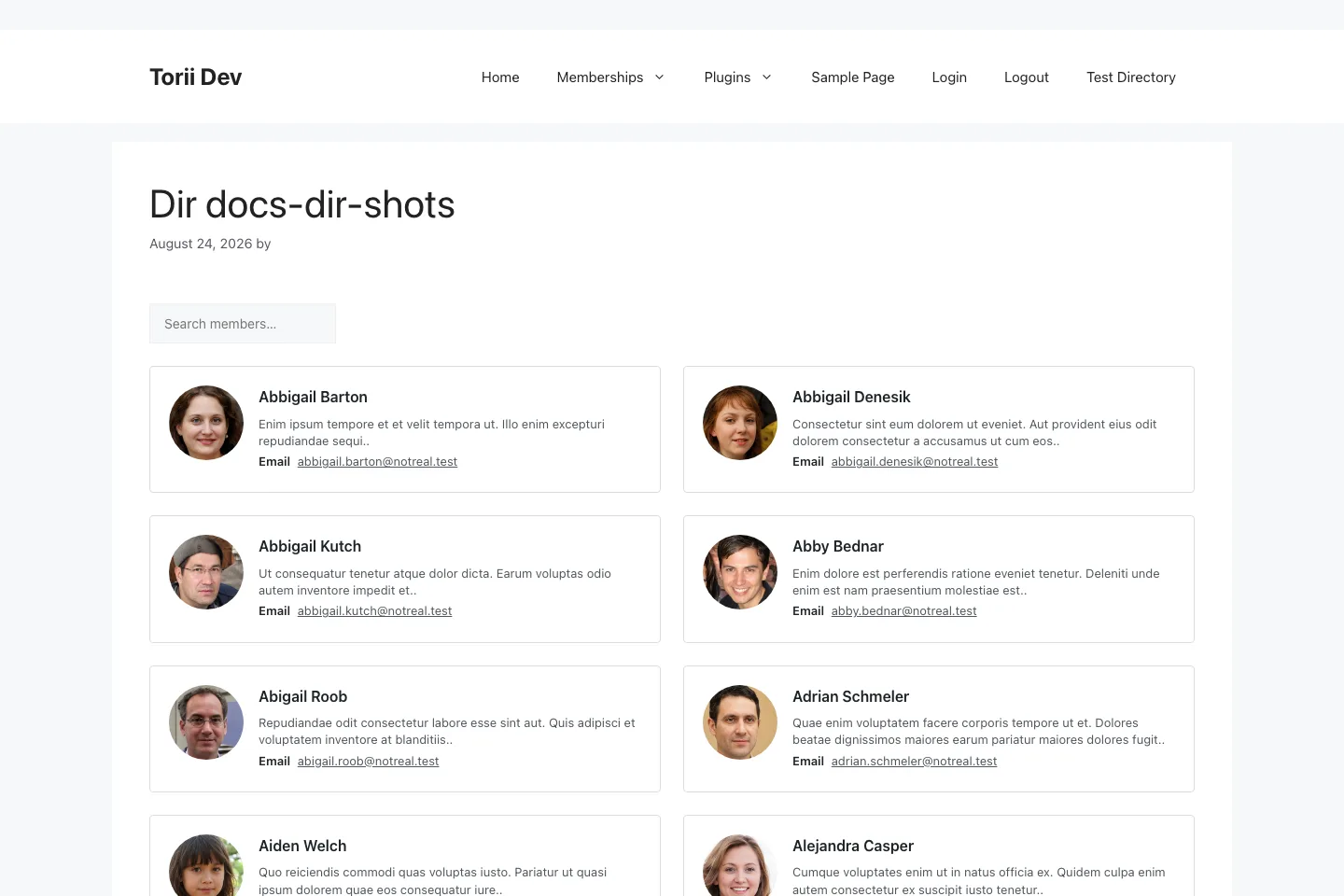 A grid directory: member cards in a responsive grid with a search box above