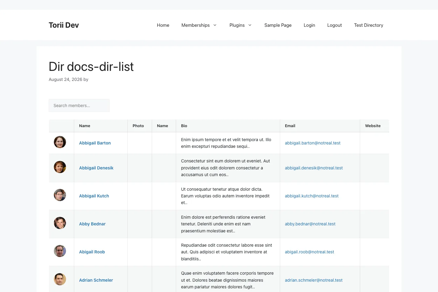 A list directory: members in compact rows under a column header
