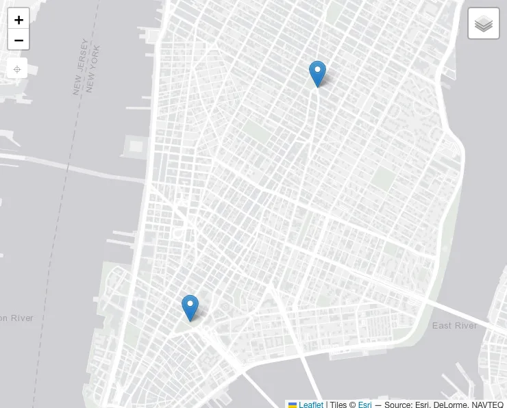 A map directory: member markers on a street map with zoom controls and a layer switcher