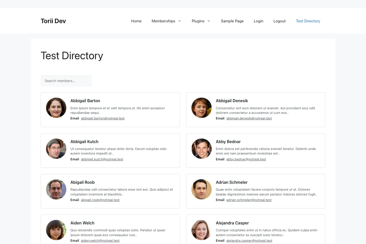 A member directory at its own permalink, rendered as a grid of member cards with a search box above