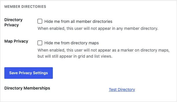 The Member Directories section of the member profile: privacy toggles for hiding from all directories and hiding from maps, and the list of directories the member belongs to