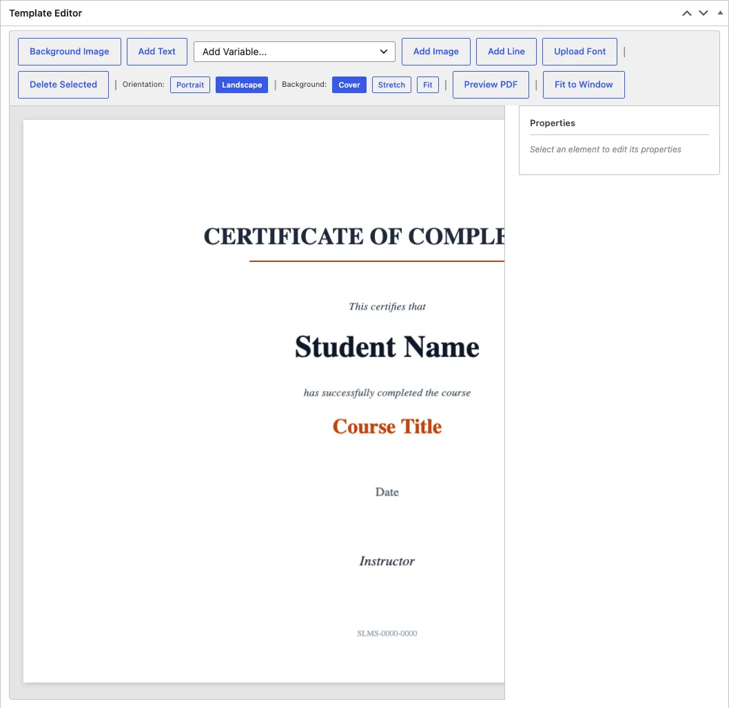 A certificate template in the editor: heading, student name, course title, date, and serial, placed on the canvas