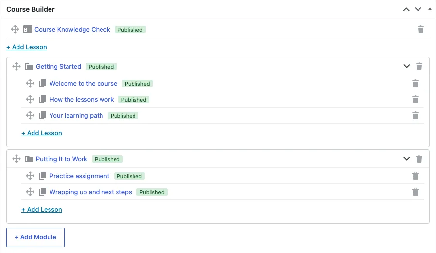 The Course Builder metabox with two modules and nested lessons