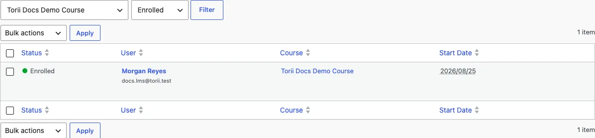 The Enrollments screen with one enrolled member and the manual Enroll User form