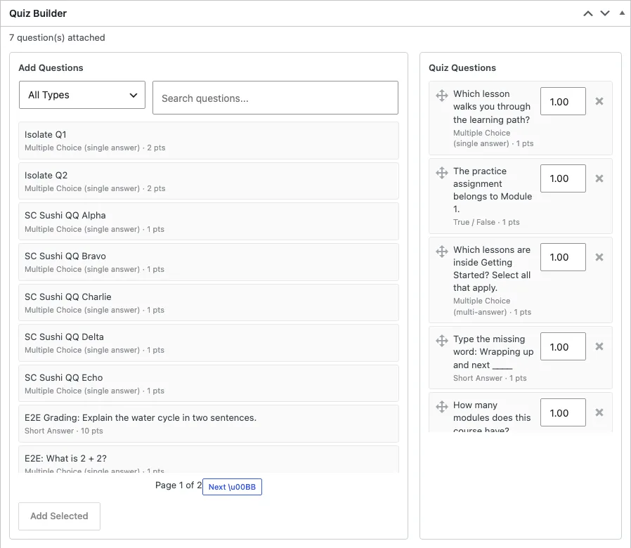 The Quiz Builder metabox with attached questions and points