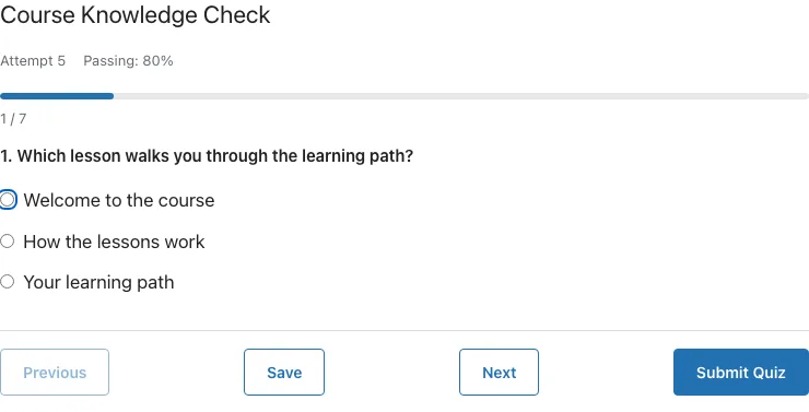 A quiz in progress: question area, timer, and navigation