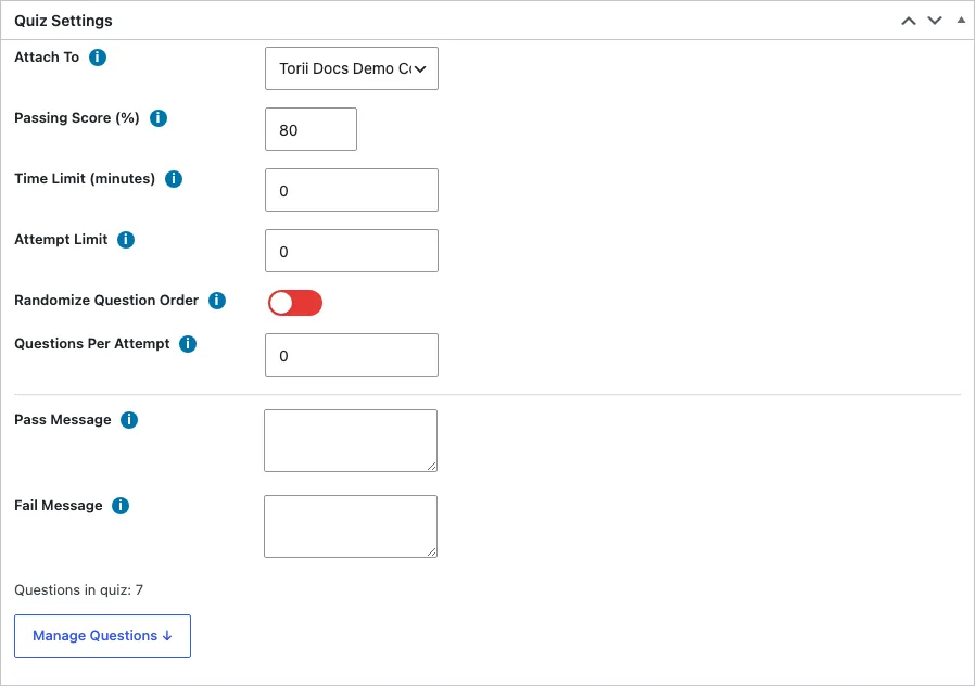 The Quiz Settings metabox: attach-to target, passing score, limits, and messages