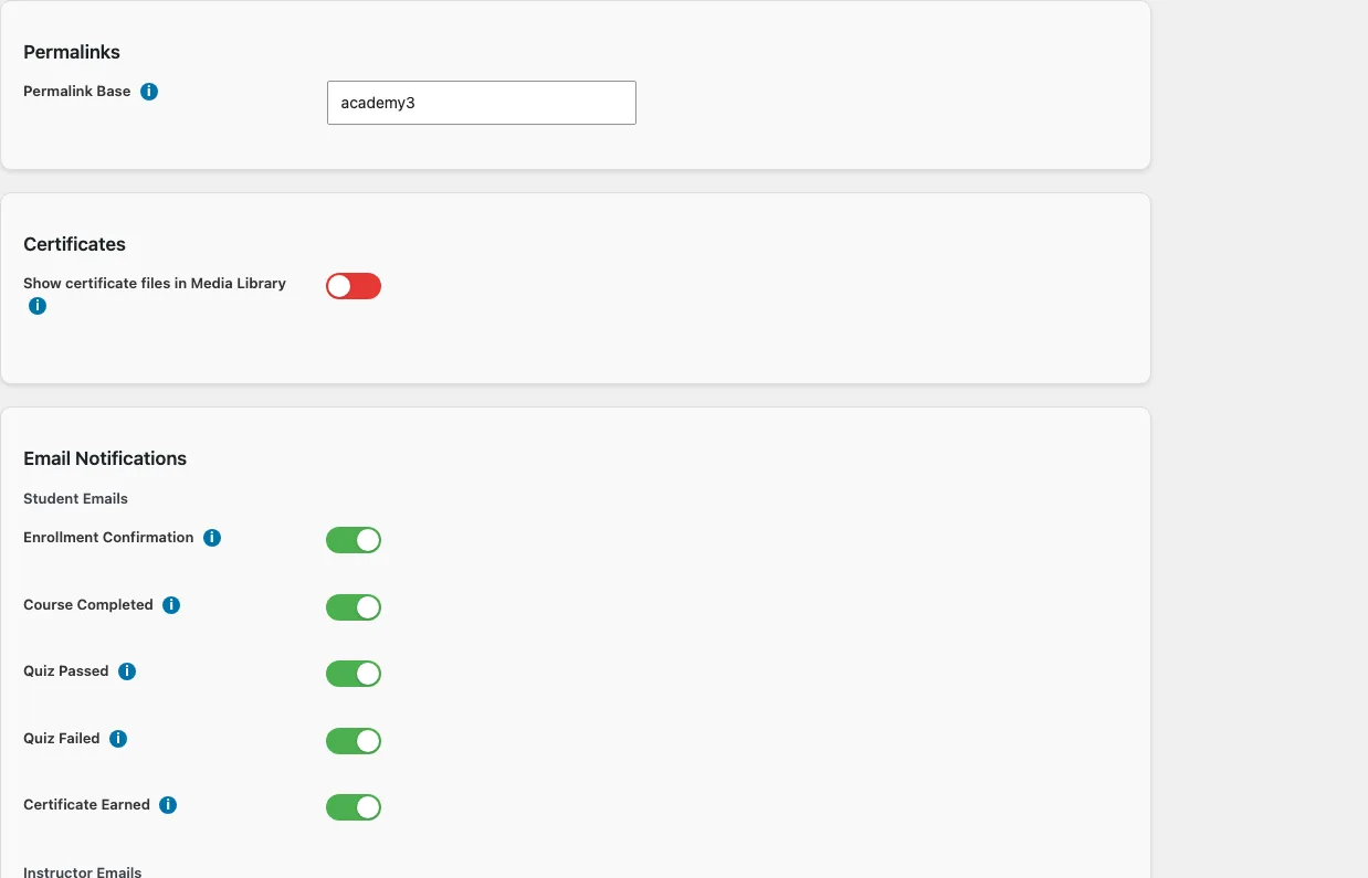The Sushi LMS Settings screen with permalink base and notification toggles