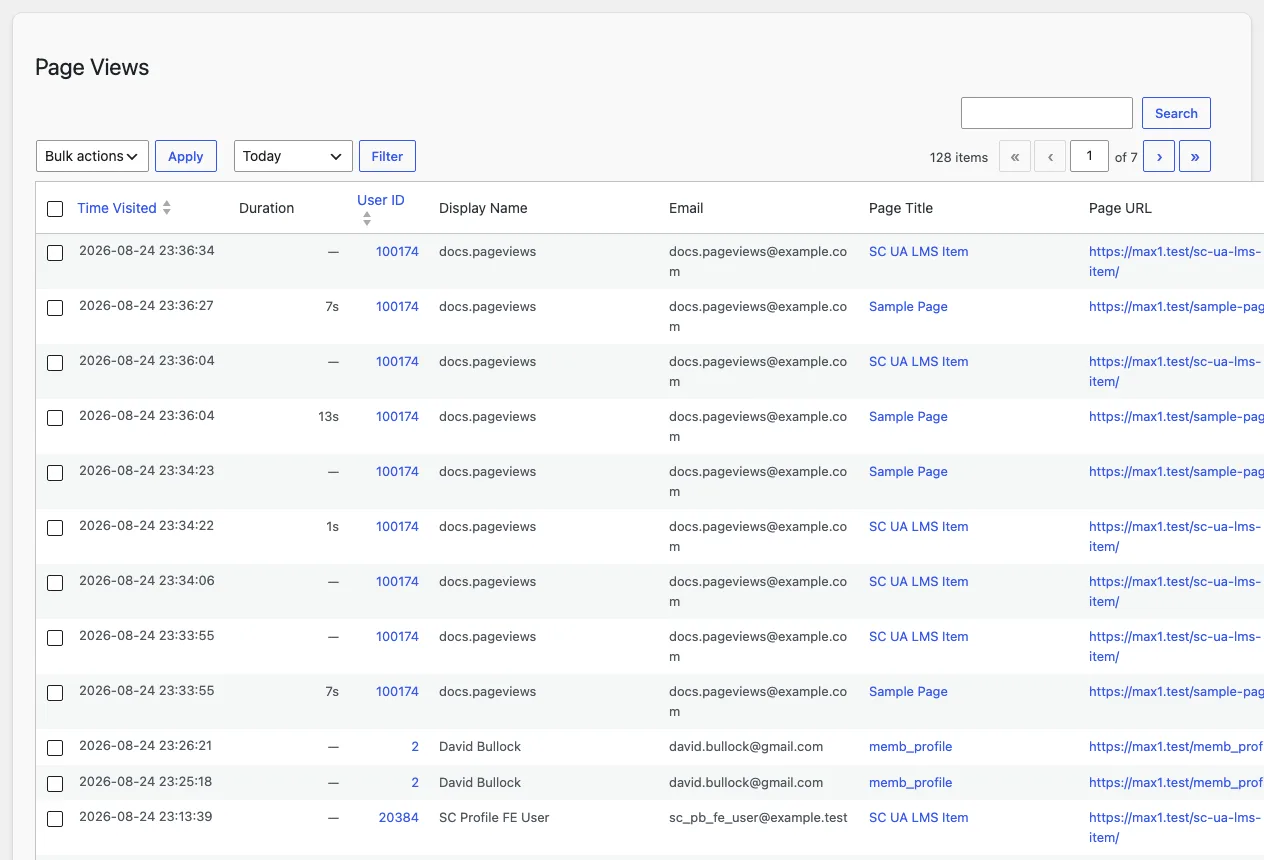 The Page Views admin screen: a list table of page view records with member, page, started at, duration, and IP columns, a date range filter, and a search box