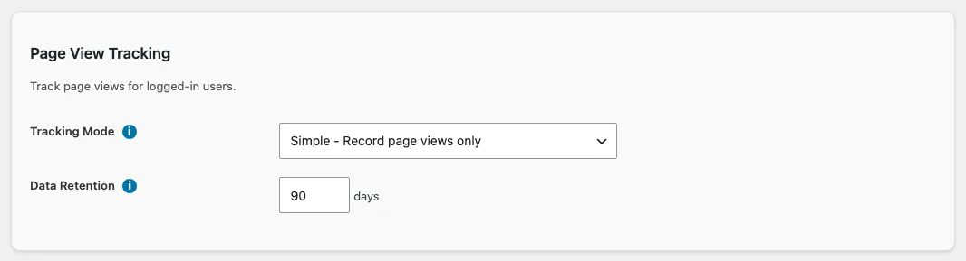 The Page View Settings screen: tracking mode dropdown, data retention, heartbeat interval, and record IP address settings