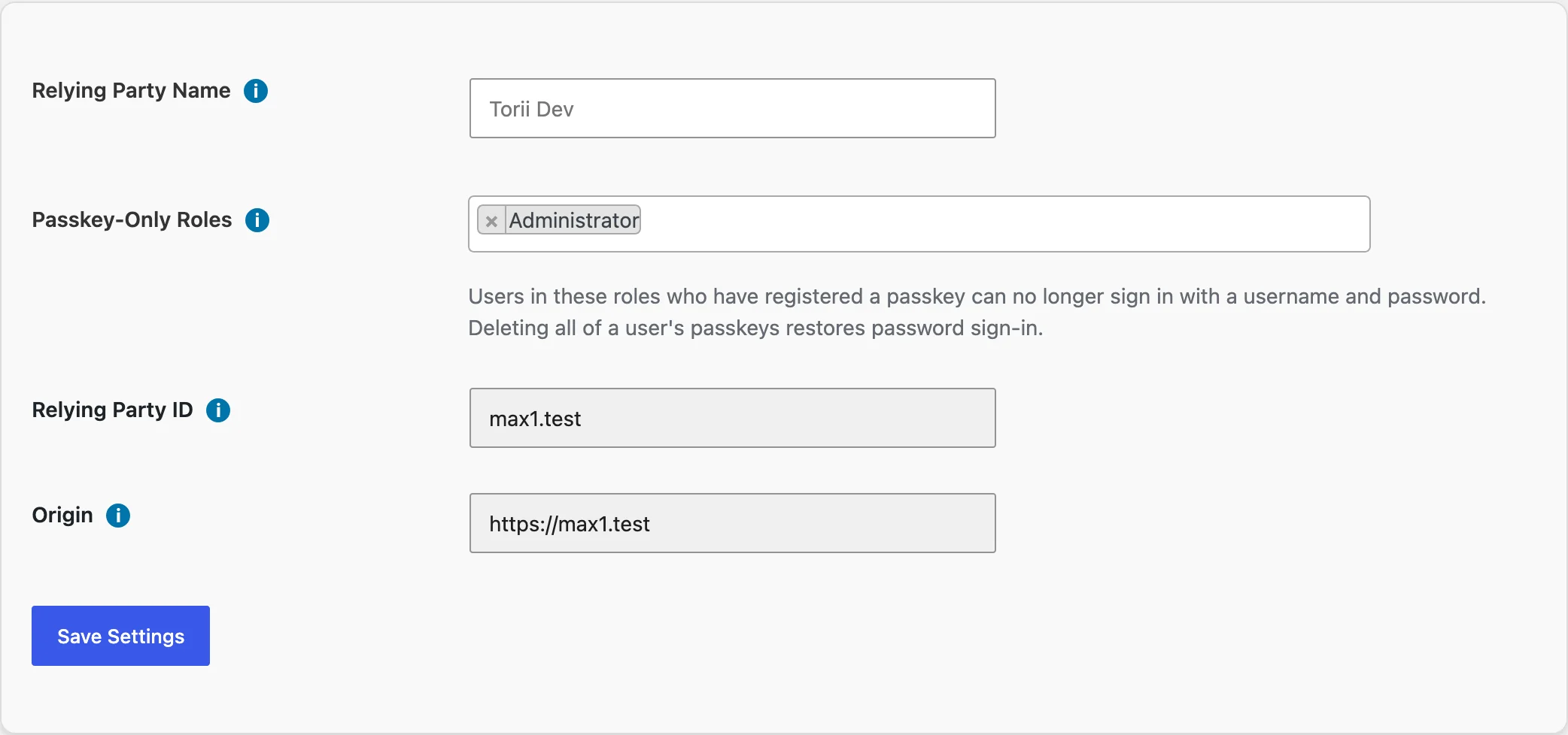 The Passkey Settings screen showing the Passkey-Only Roles multi-select with Administrator chosen