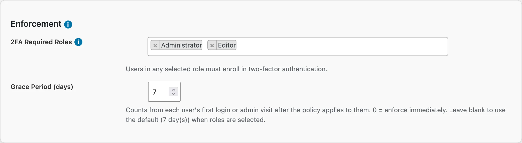 The Enforcement card on the TOTP settings screen: a roles multi-select and a grace period field