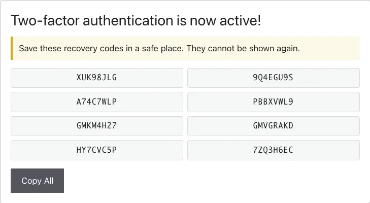 The activation confirmation screen showing one-time recovery codes