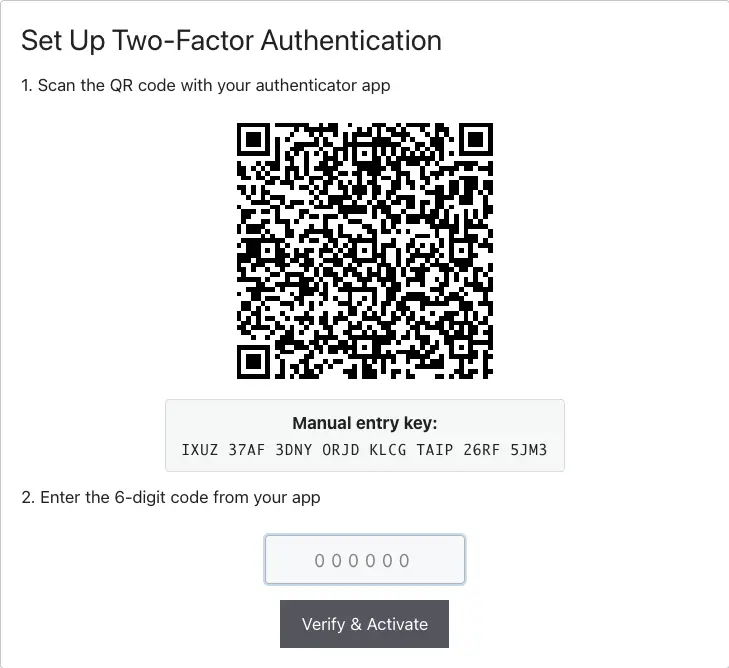 The member-facing setup screen: a QR code, a manual entry key, and a field for the first six-digit code