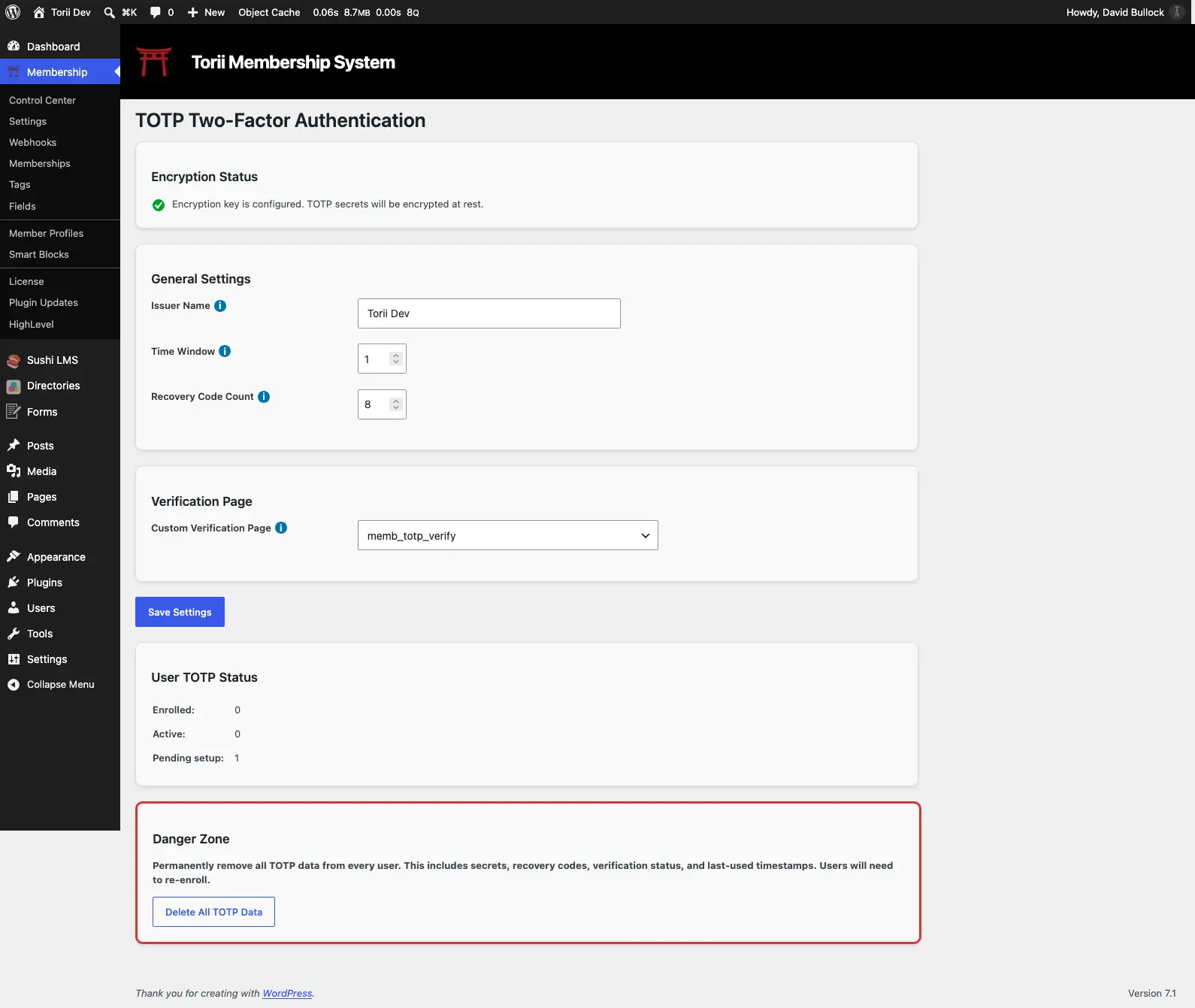The TOTP settings screen: issuer name, time window, recovery code count, and enrollment statistics