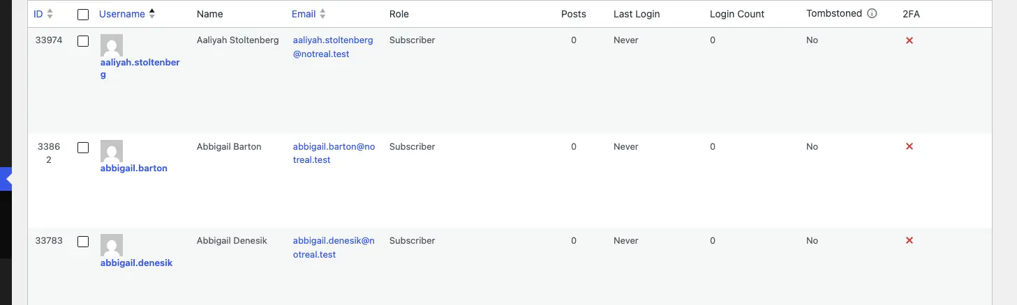 The WordPress Users list showing the 2FA column with red inactive icons